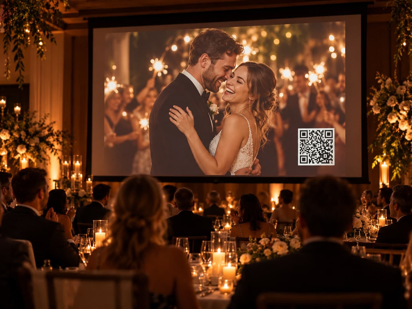 EventShot an einer Hochzeit: Das Foto des Brautpaars läuft mit QR-Code als Live-Slideshow auf der Leinwand, die Gäste schauen zu