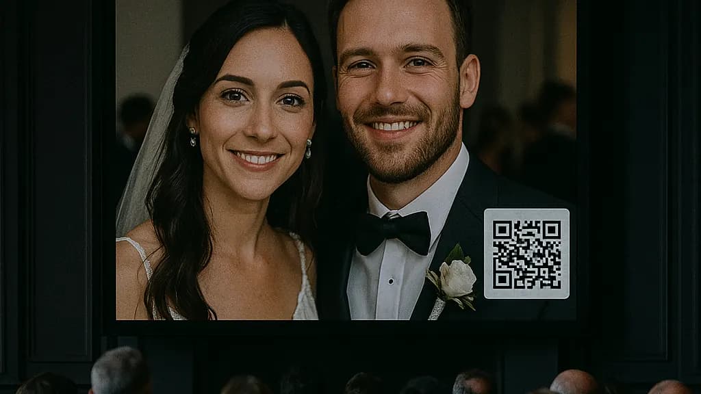 Gästefoto des Brautpaars auf der Leinwand im abgedunkelten Saal, mit eingeblendetem QR-Code zum Hochladen